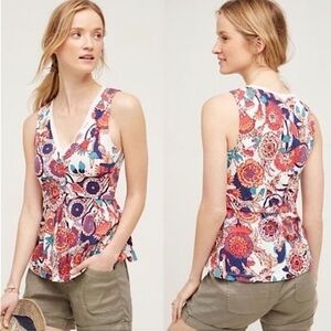 Anthropologie Deletta Amalia Floral Sleeveless Peplum Tank Top, Pink Orange - Si